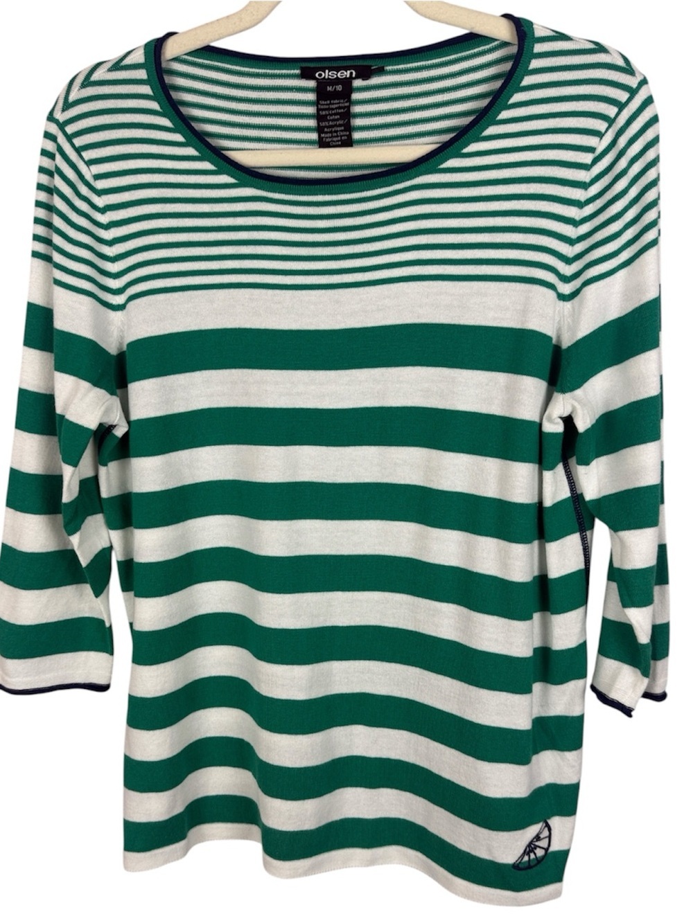 Olsen Cotton Blend Coastal Green & White Striped 3/4 Sleeve Knit Top Size M/10